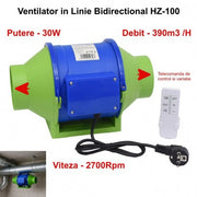 Ventilator booster bidirectional 30W, 390m3/h, 2700RPM, montaj tubulatura 100mm, cu telecomanda inclusa