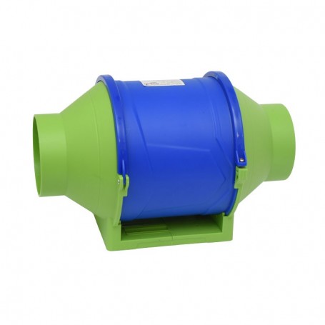 Ventilator booster pentru tubulatura 100mm, carcasa albastra si verde, conexiuni rotunde pe ambele parti