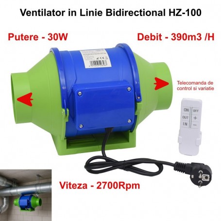 Ventilator in linie bidirectional 30W, debit 390m3/h, pentru tubulatura rotunda 100mm, cu telecomanda