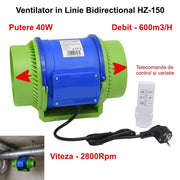 ventilator in linie bidirectional 40W, debit 600m3/h, 2800 rpm, cu telecomanda, montaj pe tubulatura 150mm