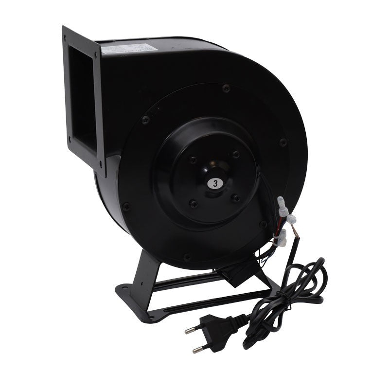 Ventilator centrifugal 240W vazut din spate, motor cu conexiuni electrice si cablu cu stecher european