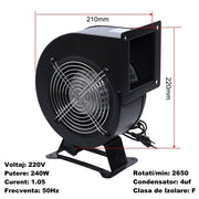 Ventilator centrifugal industrial 240W, 2650 rot/min, 220V, dimensiuni 210x220mm, cu suport metalic si grila de protectie