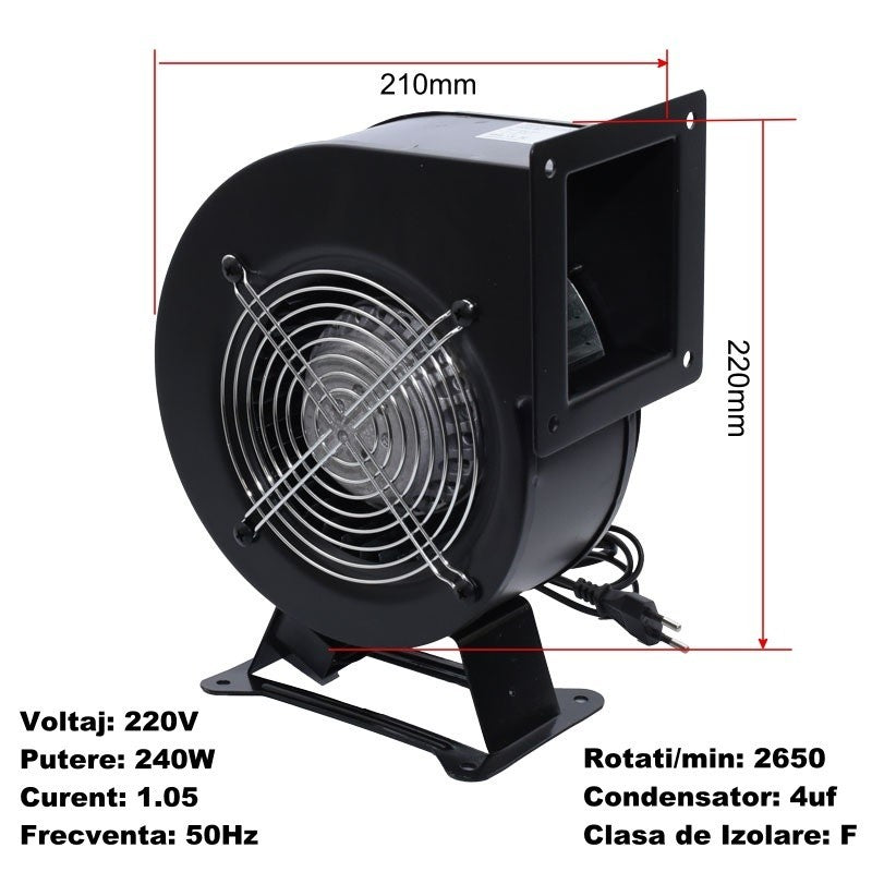 Ventilator centrifugal industrial 240W, 2650 rot/min, 220V, dimensiuni 210x220mm, cu suport metalic si grila de protectie