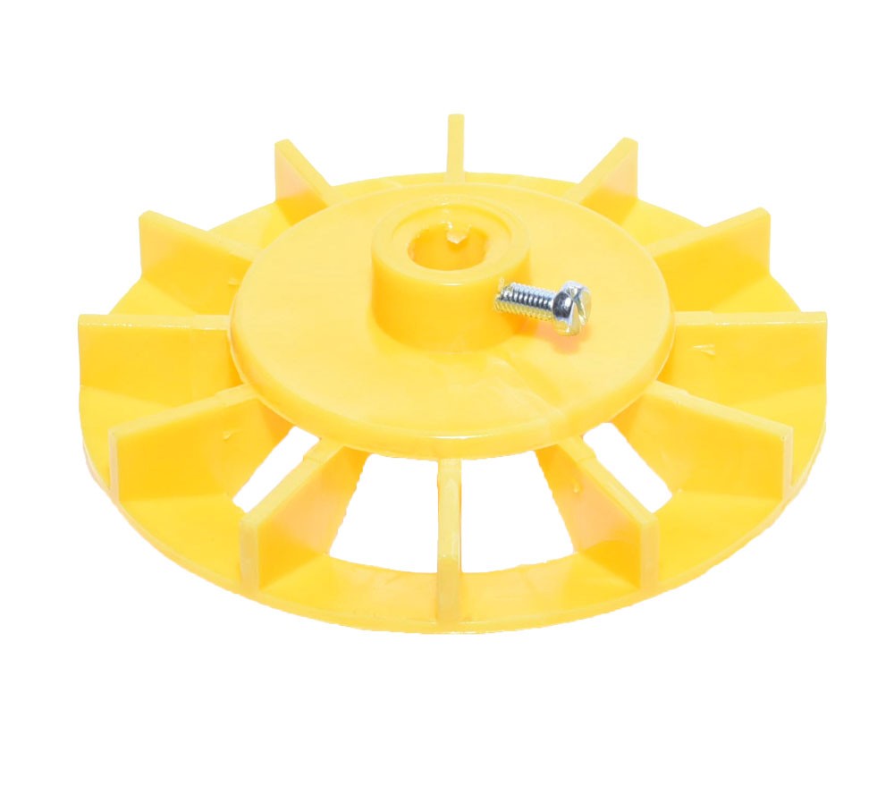 Ventilator racire pompa de apa, unghi lateral-superior cu detaliu butuc si surub metalic