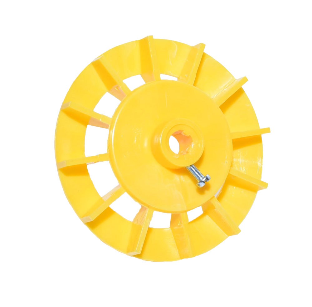 Ventilator galben pompa de apa, vedere frontala cu gaura centrala pe ax si surub inclus