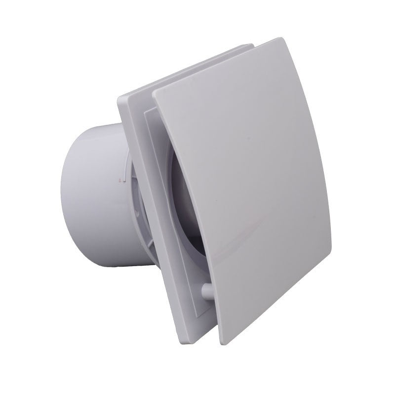 Ventilator de baie patrat IPX2, vedere laterala cu panoul frontal neted si tubul de racordare 100mm