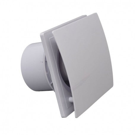 Ventilator patrat de baie IPX2, vedere laterala cu panou frontal si racord tubulatura