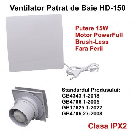 Ventilator patrat de baie 15W, motor fara perii, clasa IPX2, debit 220 m3/h, functionare sub 28 dB
