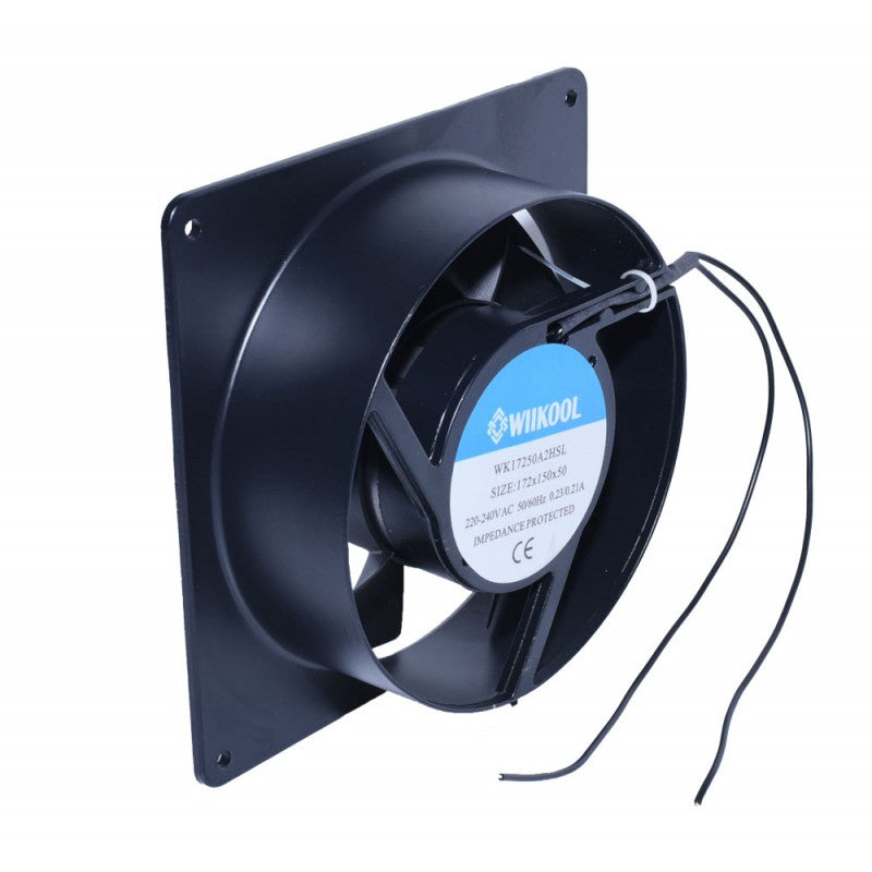 Ventilator axial industrial 172mm, unghi lateral, eticheta tehnica vizibila, alimentare 220V AC
