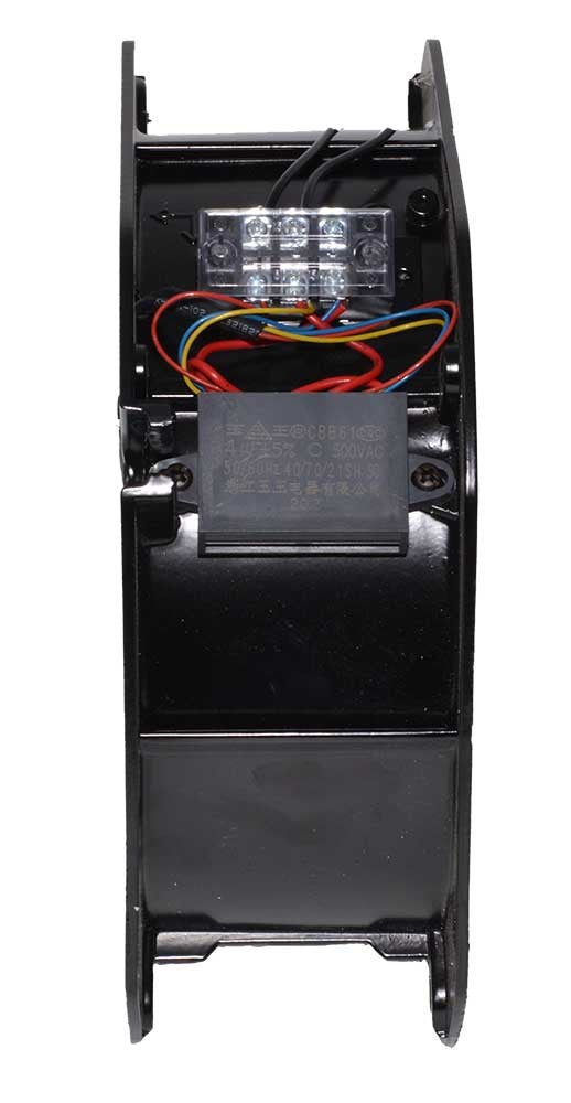 Ventilator axial industrial 90W, vedere spate cu bloc de borne si condensator, conexiuni electrice multicolore