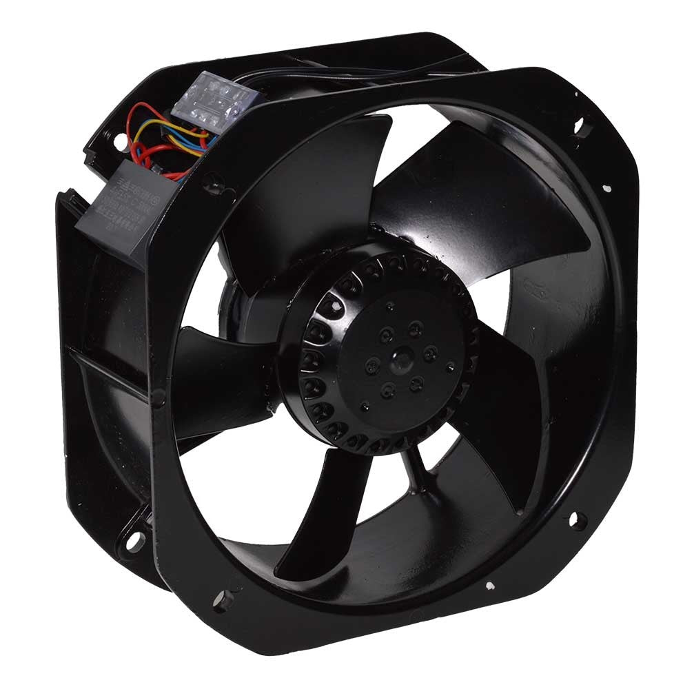 Ventilator axial 90W 220V, vedere frontala oblica cu palete metalice si fire de conectare vizibile