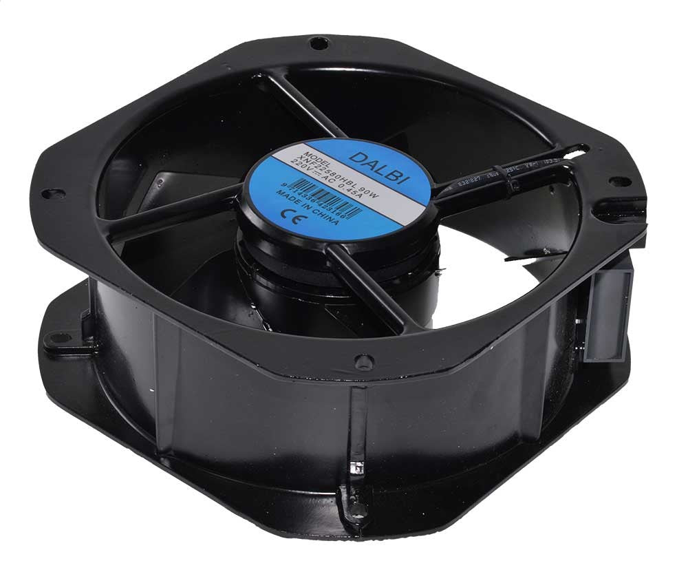 Ventilator axial 225x225x80mm, vedere de sus in unghi, profil adanc si eticheta tehnica pe motor