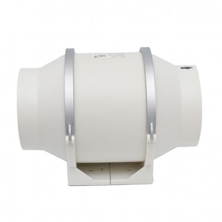 Ventilator inline 125mm, profil lateral cu bride metalice si carcasa compacta alba