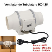 Ventilator tubulatura in linie 40W, debit 310m3/h, diametru 125mm, cu stecher si bride metalice incluse