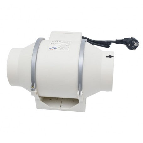 Ventilator de tubulatura in linie 150mm vazut lateral, cu indicatorul directiei fluxului de aer