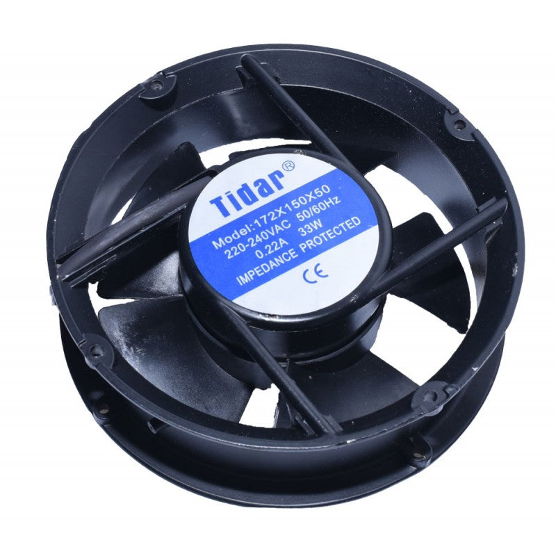 Ventilator axial rotund 33W vazut din unghi usor ridicat, eticheta tehnica 220-240VAC vizibila