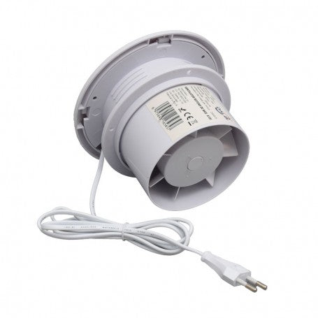 Ventilator de baie 100mm cu motor brushless 5W, vedere laterala cu elice si cablu de alimentare