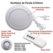 Ventilator rotund de baie 15W, IPX2, clapeta automata, cu telecomanda programatoare, montaj 125mm