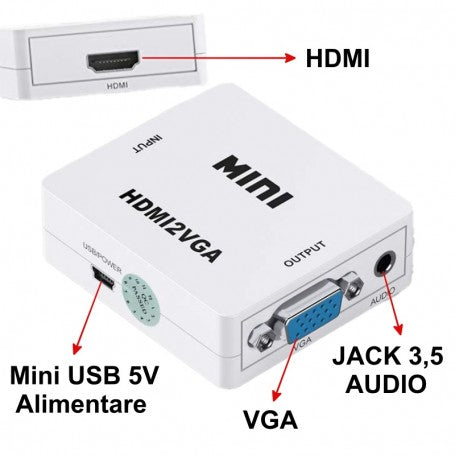 Convertor HDMI la VGA 1080p cu iesire audio jack 3.5mm si alimentare Mini USB 5V, format compact plug-and-play